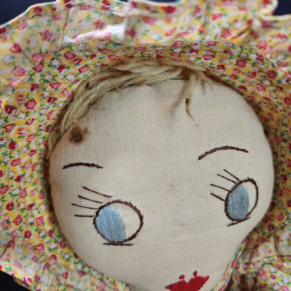 Vintage Handmade Cloth Rag Prairie Girl Doll 21'' with Floral Yellow Dress - Picture 4 of 8